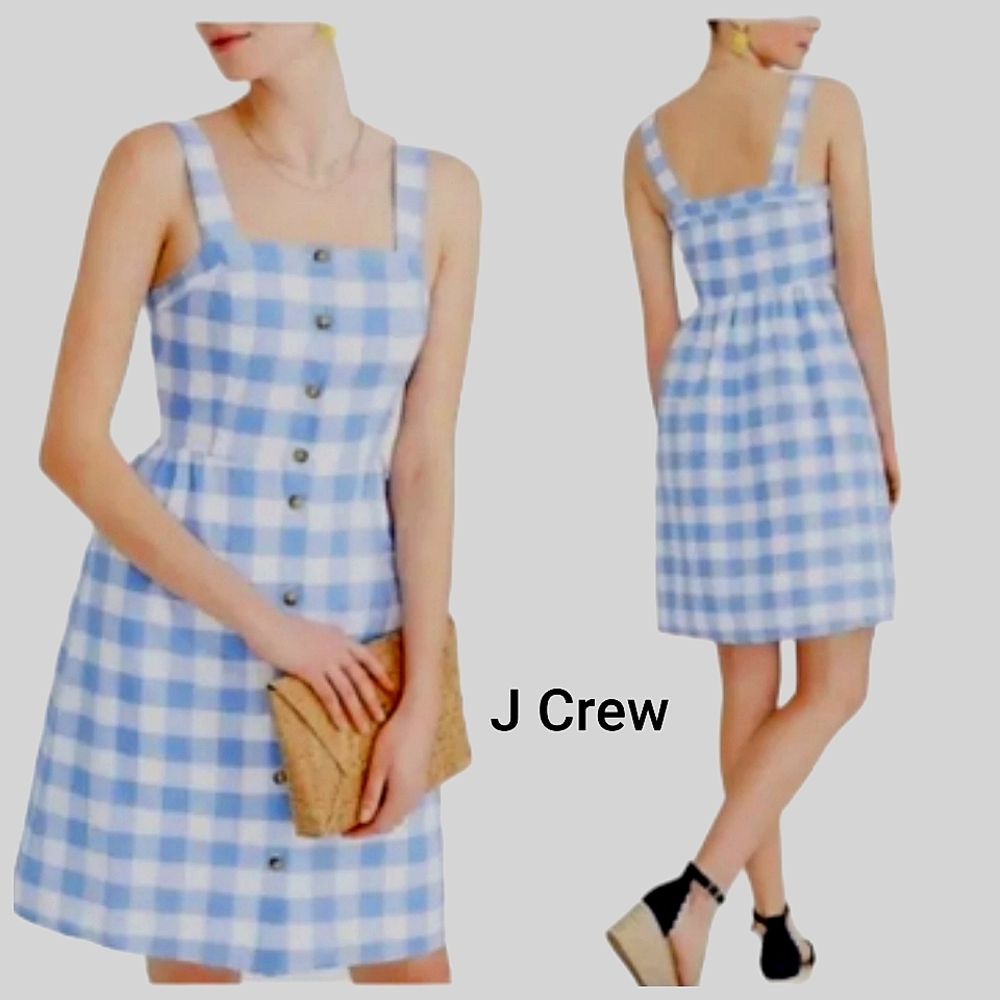 J Crew Blue/White Nwot Gingham Check Sleeveless Button Front Linen Blend…